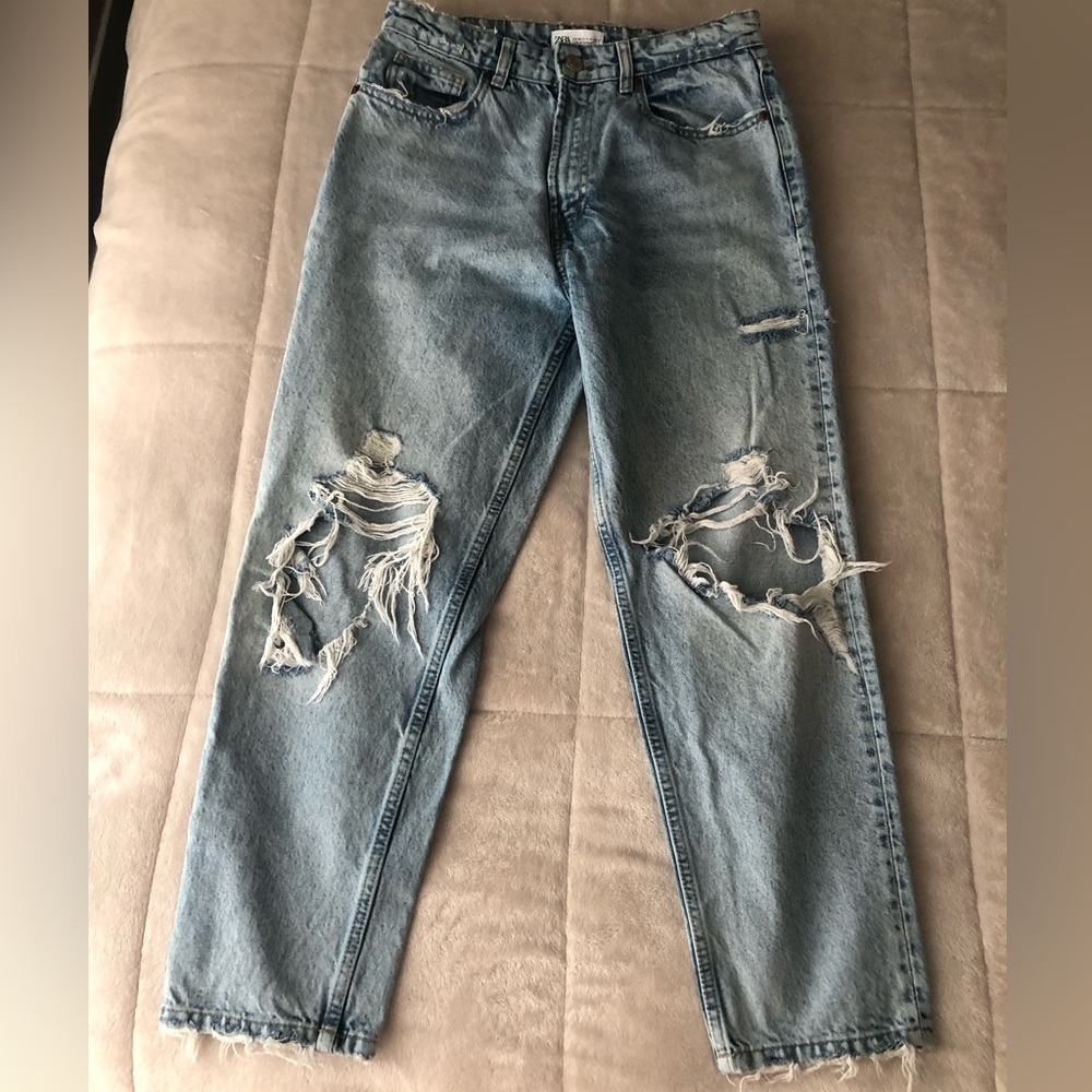 Zara Blue Distressed Boyfriend Jeans